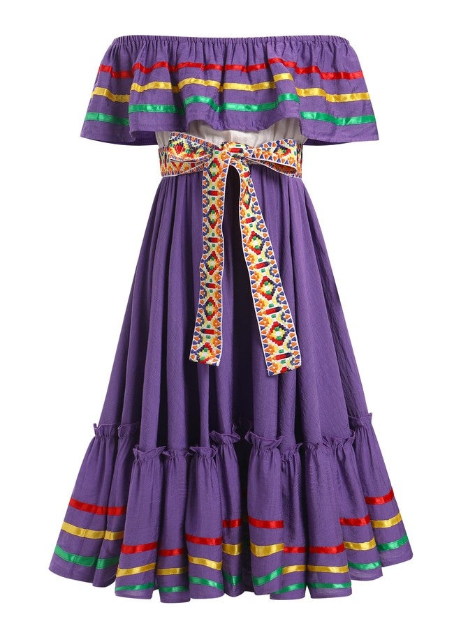 ODIZLI Mexican Dress for Girls Traditional Cinco de Mayo Fiesta Dresses for Toddler Girl Off-Shoulder Sleeveless Kids Vestidos Tipicos Mexicanos Flamenco Dress Ruffle Drape A Line Dress Purple 9-10 Years - Image 2